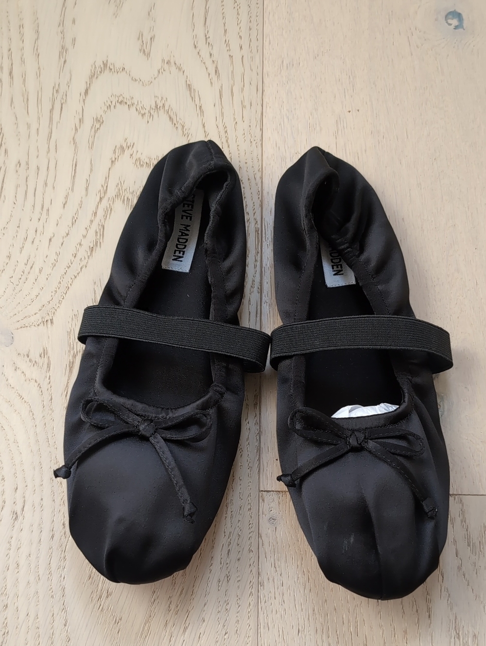 Steve Madden Black Satin Ballet Flats with Bow and Elastic Strap